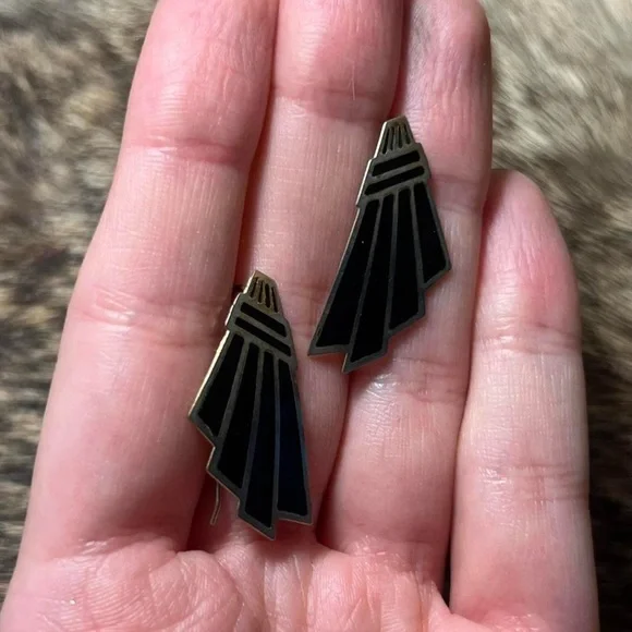 Jewelry | Vintage Gold Toned Black Enamel Art Deco Wing Earrings | Poshmark